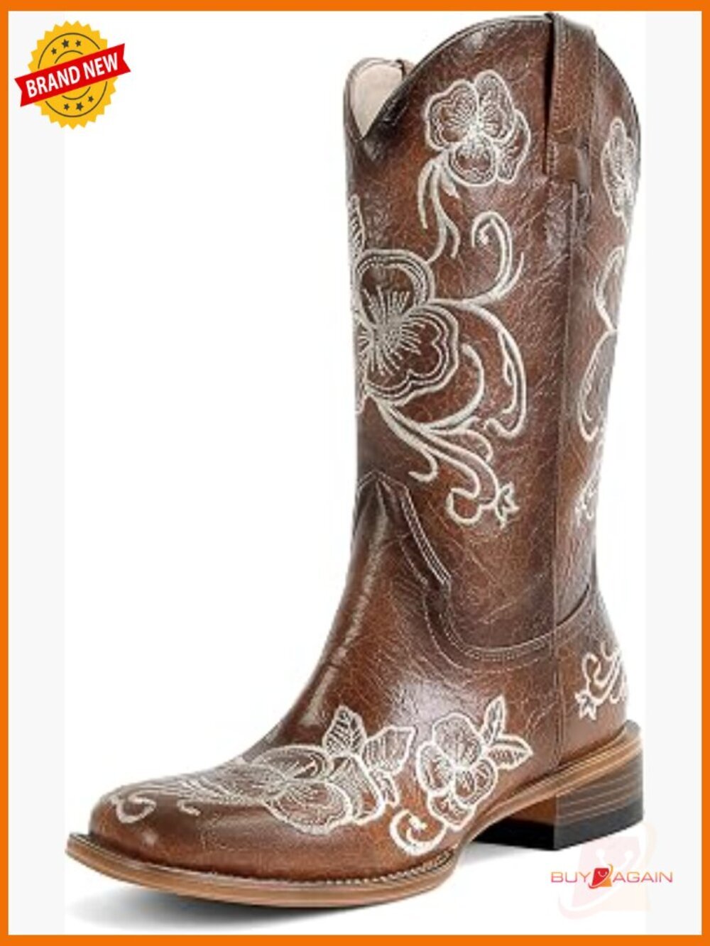 Women's Embroidered Western Mid Calf Cowboy Boots Square Toe Chunky Heel